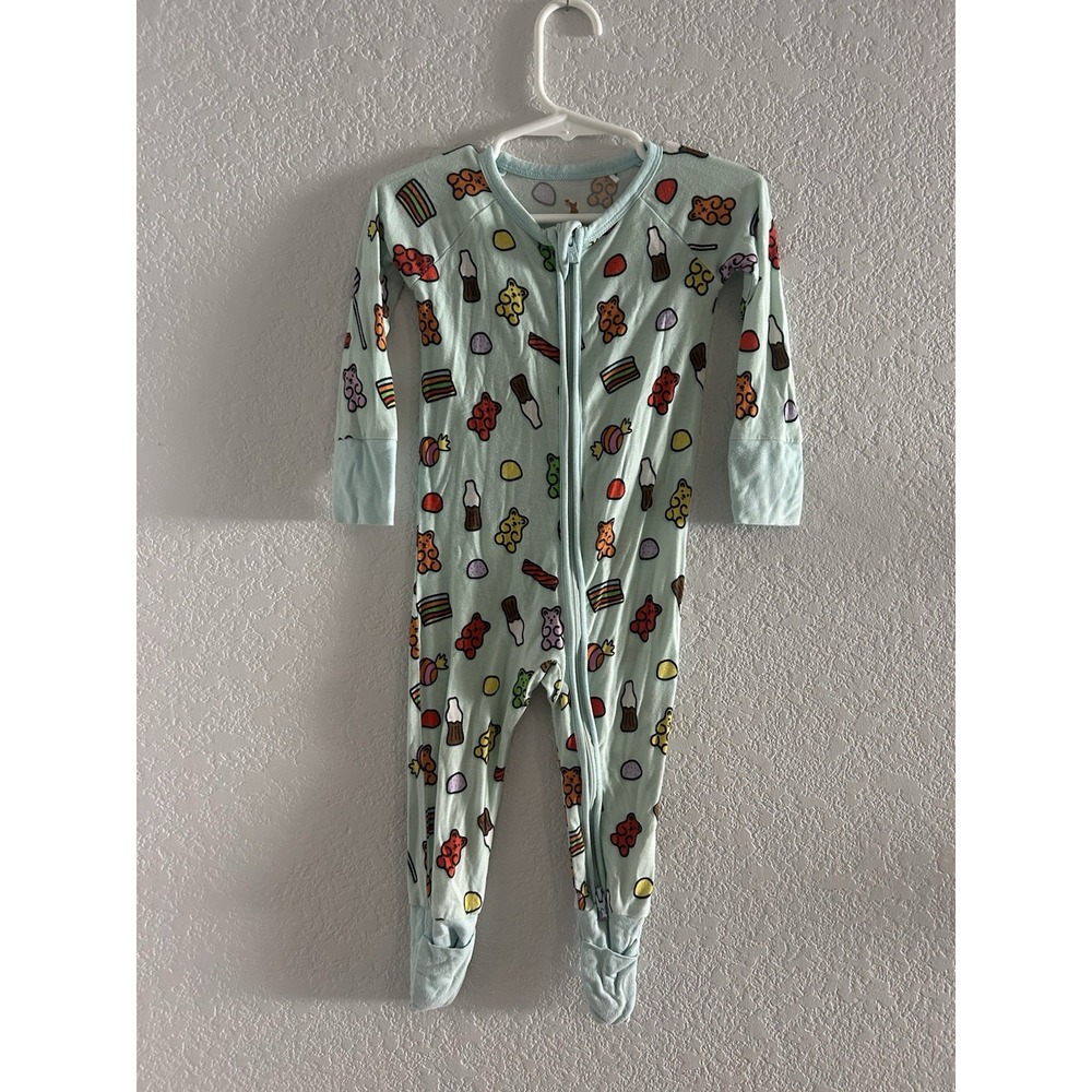 Kiki + Lulu Baby Bamboo Sleeper Zippy Light Teal With Gummy Bears 6-12 Months